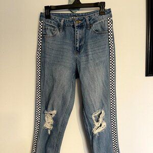 Empyre Eileen Mom Jeans Size 1 Distressed Destroyed Checkered Side Trim